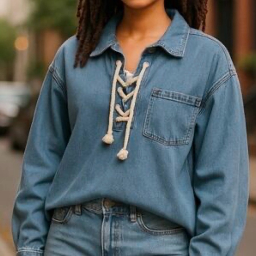 For the Republic Denim Pull Over Top Women’s Large Lace Up Long Sleeve Nautical